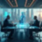 Business leaders in a futuristic boardroom discuss strategy with a holographic AI assistant. The image illustrates the integration of artificial intelligence into corporate decision-making and strategic planning.