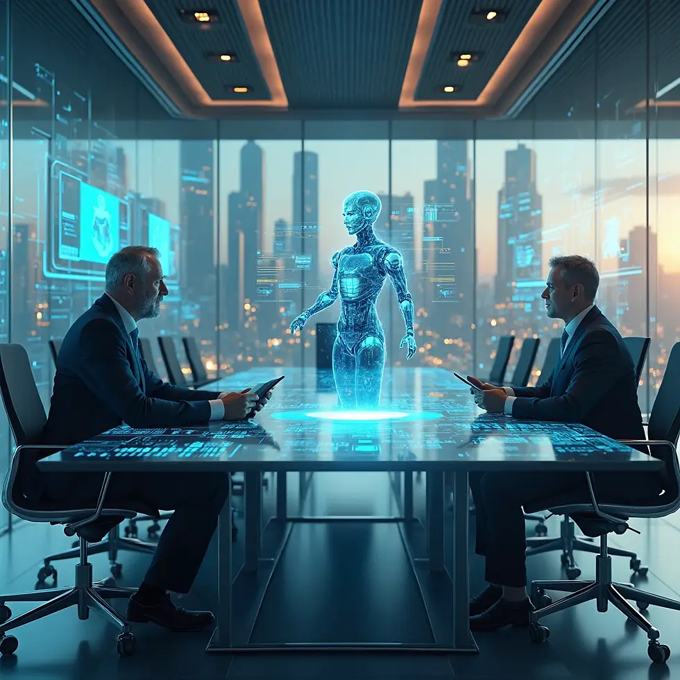 Business leaders in a futuristic boardroom discuss strategy with a holographic AI assistant. The image illustrates the integration of artificial intelligence into corporate decision-making and strategic planning.