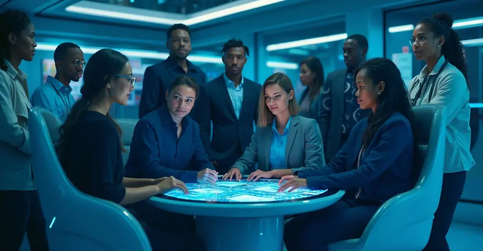 A diverse group of professionals collaborating around a futuristic digital table in a high-tech workspace, symbolizing innovation, teamwork, and data-driven decision-making in the era of artificial intelligence.