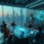L’IA au cœur des décisions stratégiques ! Dans une salle de conférence futuriste surplombant une ville high-tech, des dirigeants collaborent avec une intelligence artificielle avancée pour analyser des données et optimiser leur stratégie. 🚀 L’innovation, l’IA et la transformation digitale redéfinissent le monde des affaires.