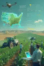 Image représentant l'impact de l'IA prédictive sur l'agriculture aux États-Unis. Des agriculteurs utilisant des technologies avancées, comme des capteurs et des drones, pour optimiser les rendements, gérer l'irrigation et réduire les coûts des intrants agricoles. L'IA prédictive permet de mieux anticiper les besoins des cultures, améliorant ainsi la rentabilité et la durabilité des exploitations agricoles tout en s'adaptant aux défis environnementaux croissants