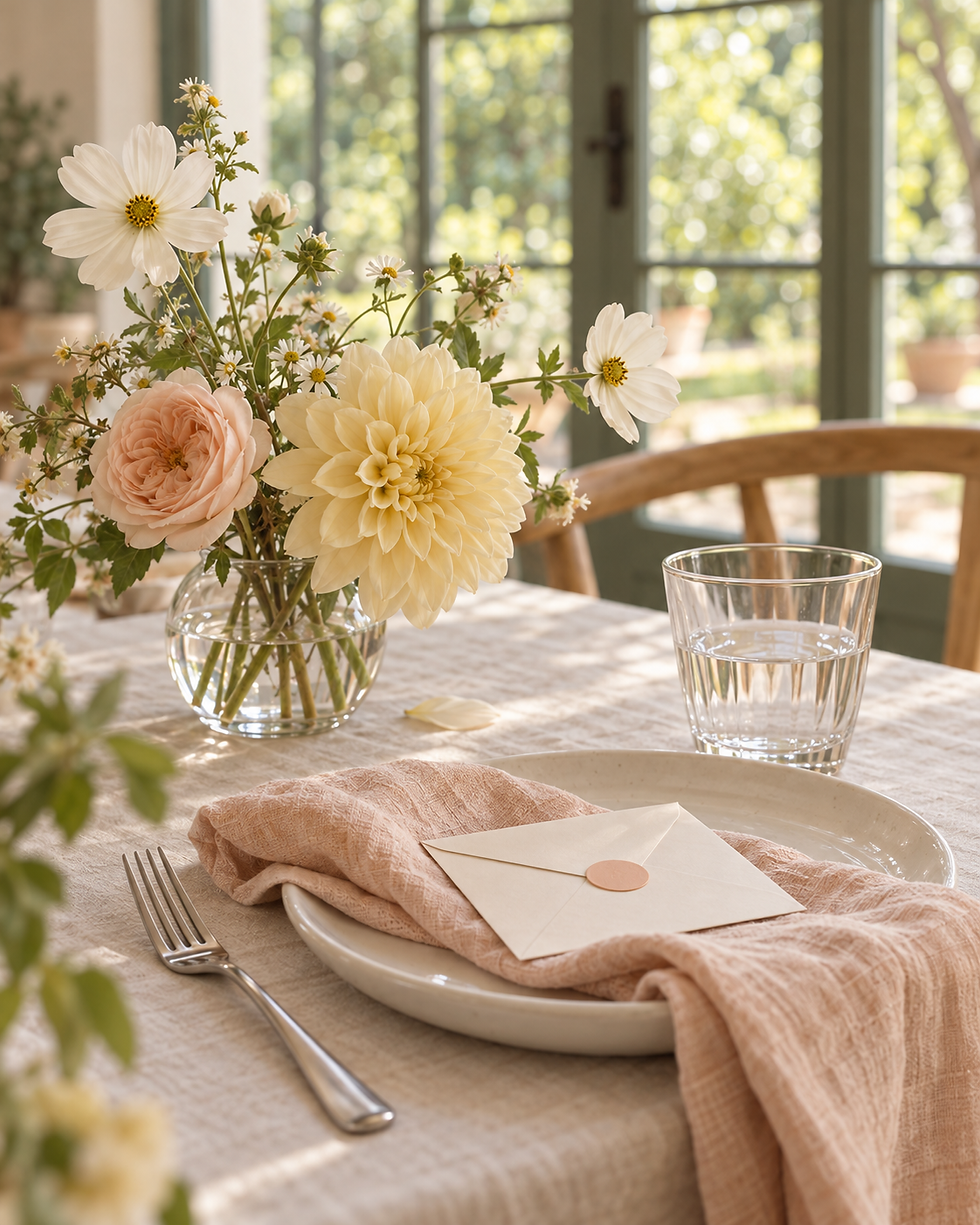 Table de baby shower avec fleurs et enveloppe scellée.