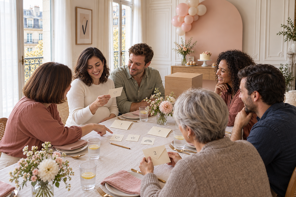 Amis réunis autour d'une table pour une baby shower à Paris aux tons pastels.