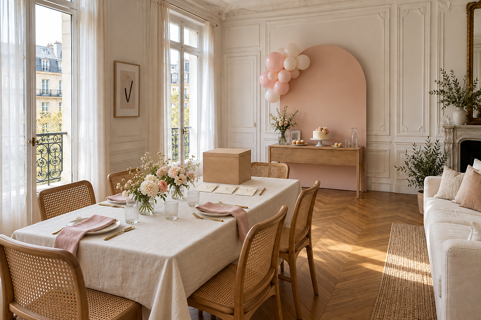 Table de fête dressée dans un salon parisien élégant.