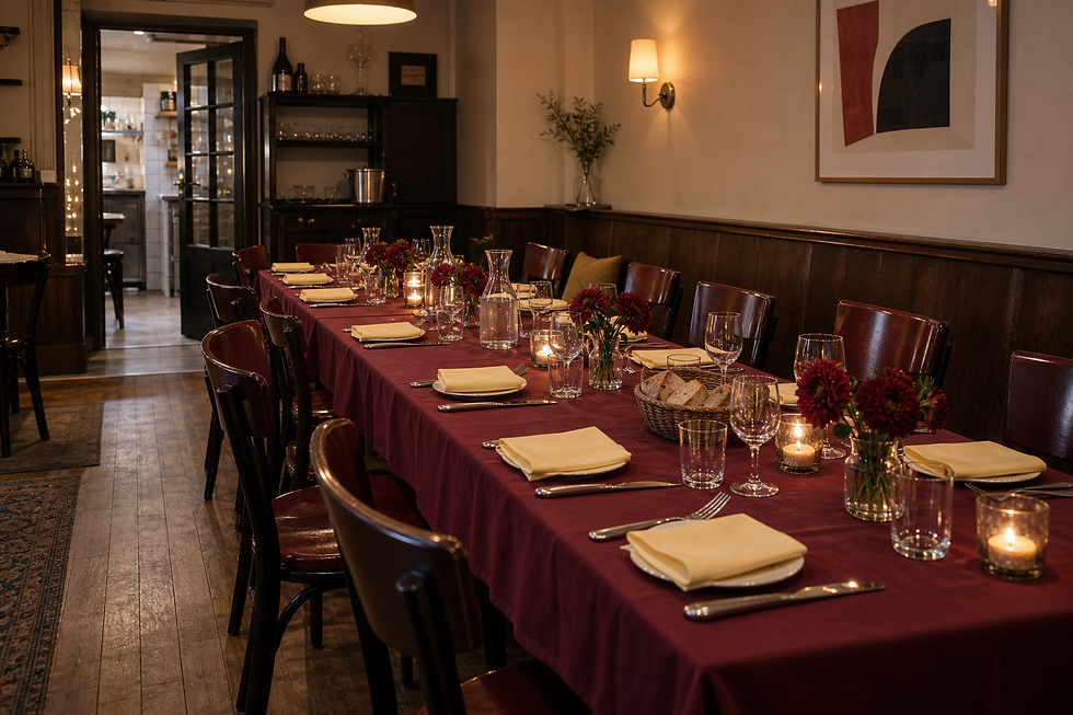 Grande table dressée avec nappe rouge pour un événement.
