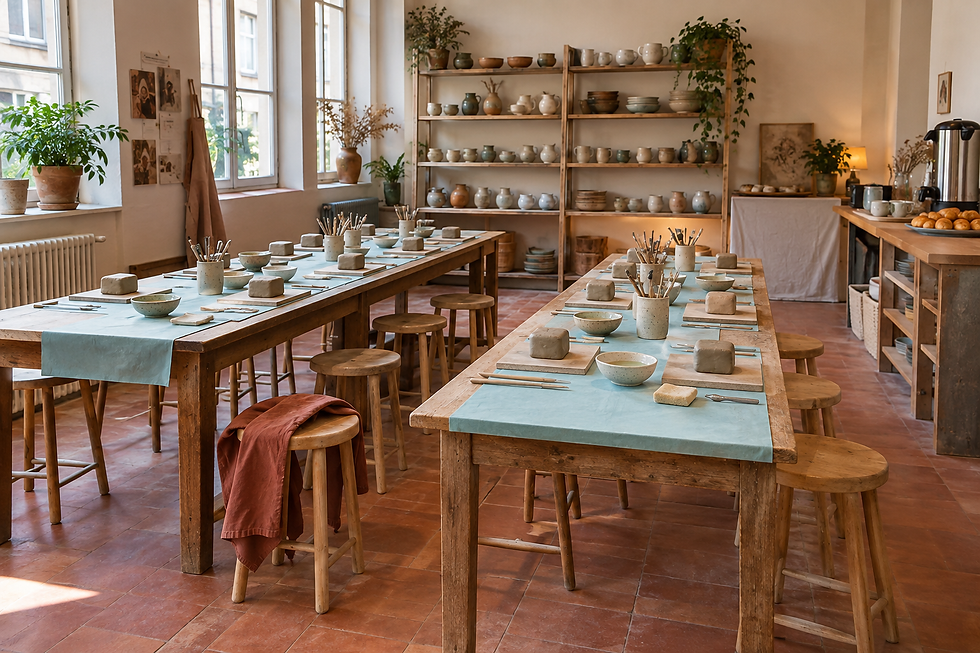 Atelier de poterie avec tables en bois et étagères de céramiques.