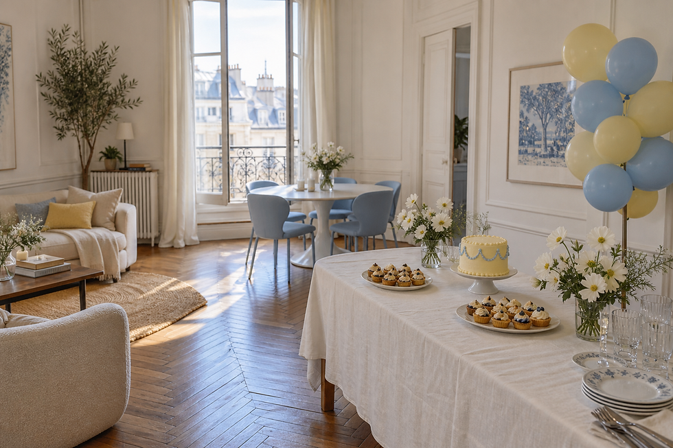 Table de fête décorée dans un salon parisien lumineux