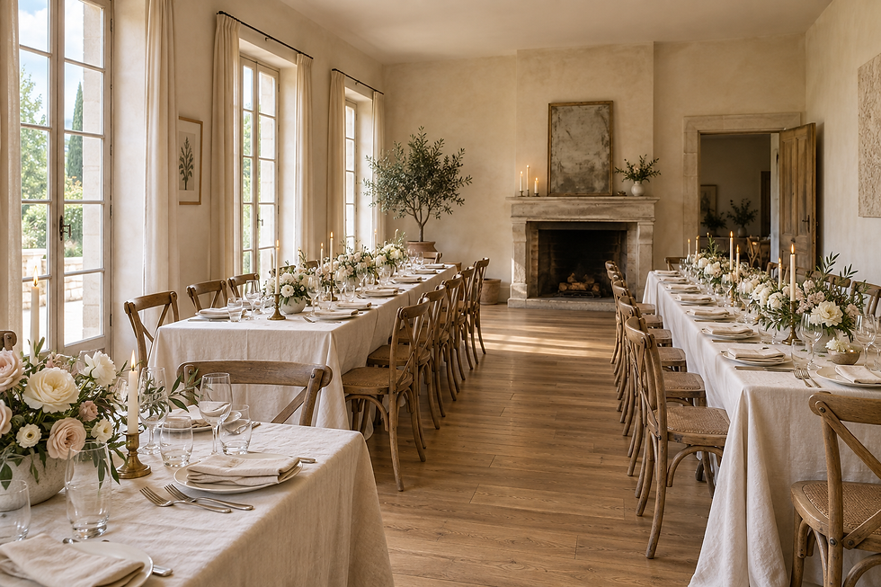 Grande salle de réception avec tables nappées et cheminée