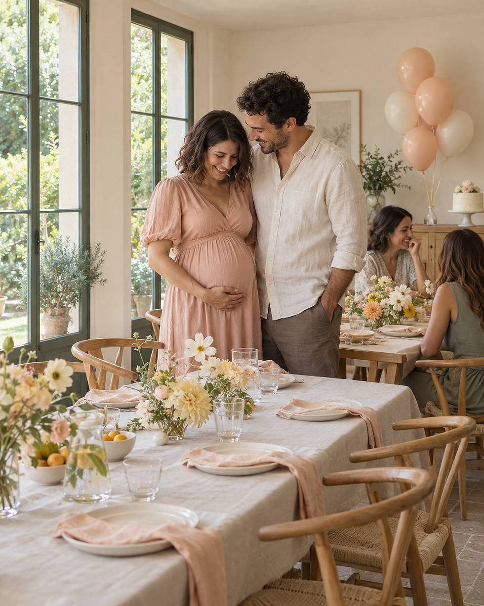 Couple célébrant un baby shower devant une table décorée.
