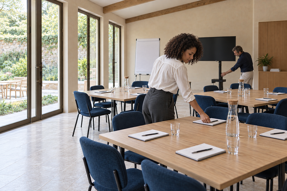 Une organisatrice prépare une salle de séminaire lumineuse.