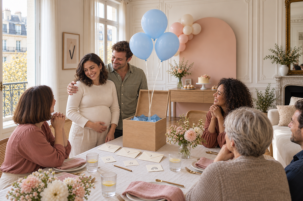 Baby shower à Paris : annonce du sexe avec ballons bleus.