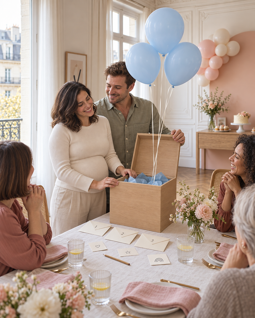 Couple ouvrant une boîte de ballons bleus lors d'une baby shower à Paris.