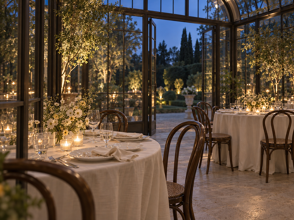 Réception de mariage dans une orangerie illuminée le soir.