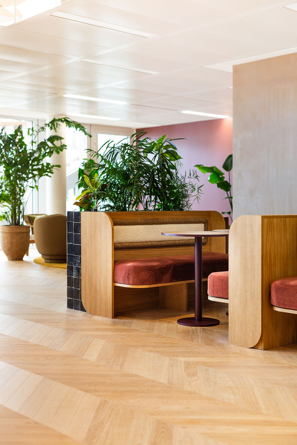 Banquettes aménagées face à face intégrées avec un bac de végétation.