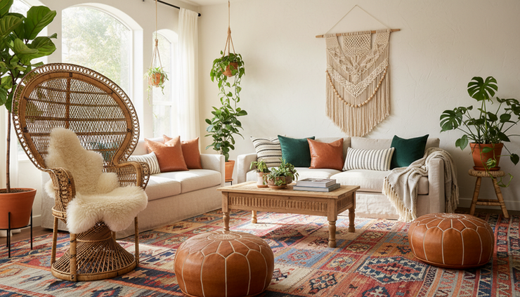 Wide-angle view of a sunlit Boho living room with rattan chairs, layered rugs, and lush houseplants.