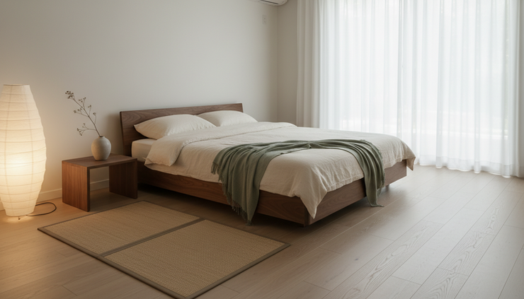 Wide-angle view of a Japandi bedroom with a low platform bed and paper lantern lighting