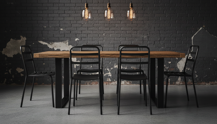 Close-up view of a reclaimed wood table with black steel legs in an industrial dining room.
