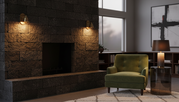 Close-up view of layered lighting beside a dark stone fireplace and velvet chair
