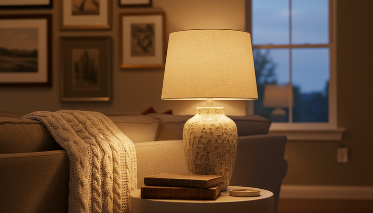 Close-up view of a side table and lamp beside a sofa in a softly layered living room.