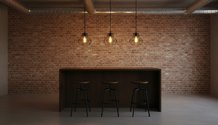 Eye-level view of black cage pendant lights glowing above an industrial kitchen island.