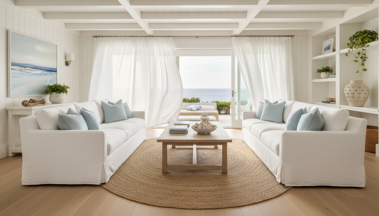 Wide-angle view of a bright coastal living room with linen sofas and ocean-inspired colors