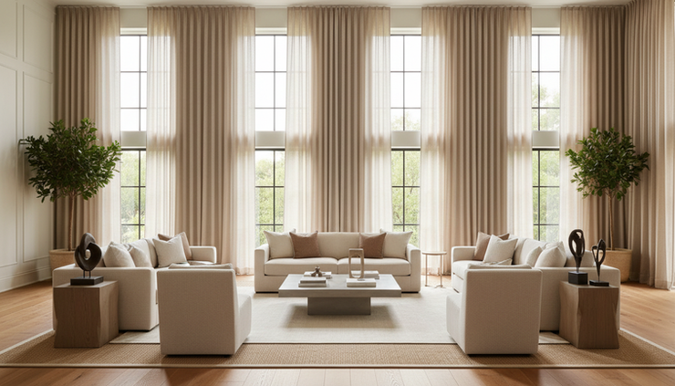 Eye-level view of tall linen curtains framing floor-to-ceiling windows in a grand living room.