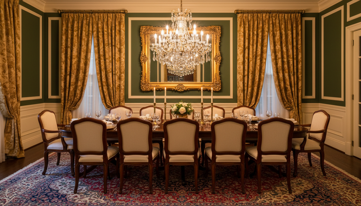 Wide-angle view of a traditional dining room with a chandelier and polished wood table