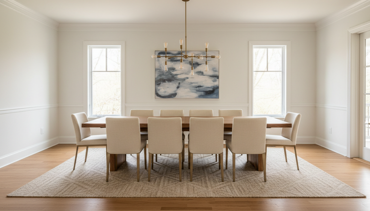 Wide-angle view of a transitional dining room with upholstered chairs and a warm wood table