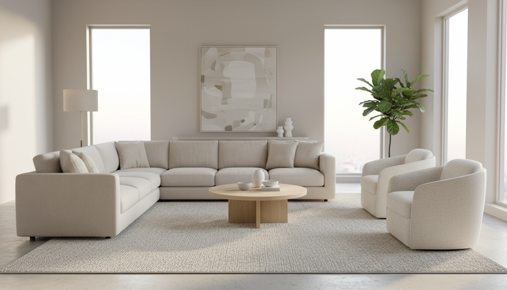 Wide-angle view of a balanced living room with open space between the sofa, chairs, and coffee table.