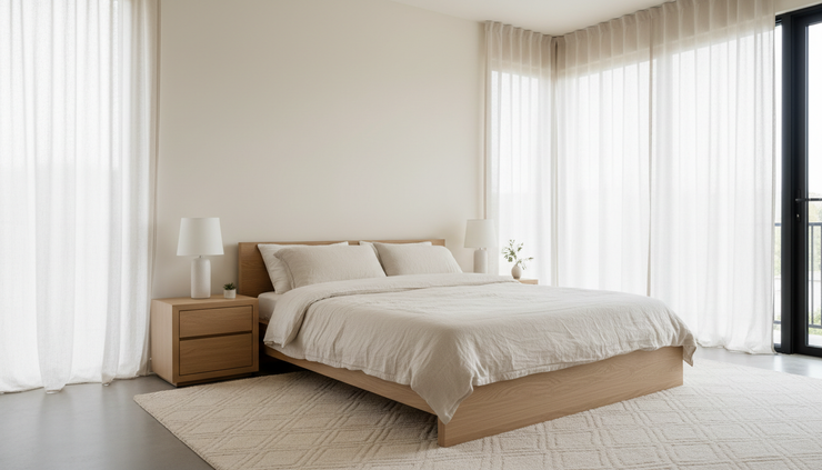 Wide-angle view of a warm minimalist bedroom with textured bedding and soft natural light