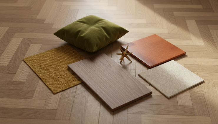 Close-up view of a mid-century modern color palette with mustard yellow fabric and walnut wood