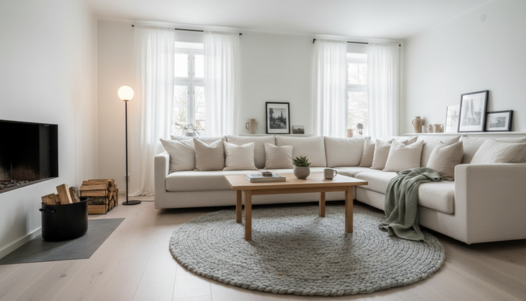 Wide-angle view of a bright Scandinavian living room with white walls and pale wood floors.