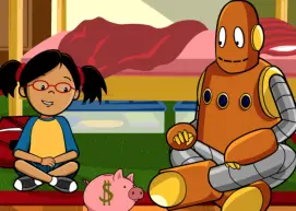 Annie and Moby sit on the floor next to a piggy bank.