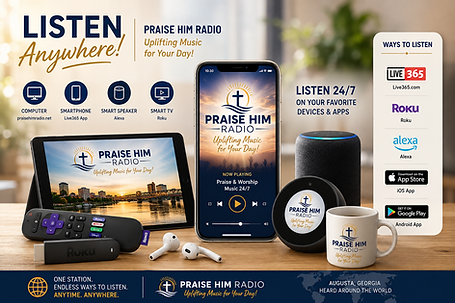 Praise Him Radio available on mobile, Roku, Alexa, and online 24/7.