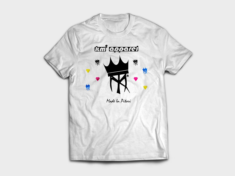 Alt text: “Front view of premium white T-shirt with A4 Crowned KM Squared Apparel logo sublimated on cotton-feel polyester”