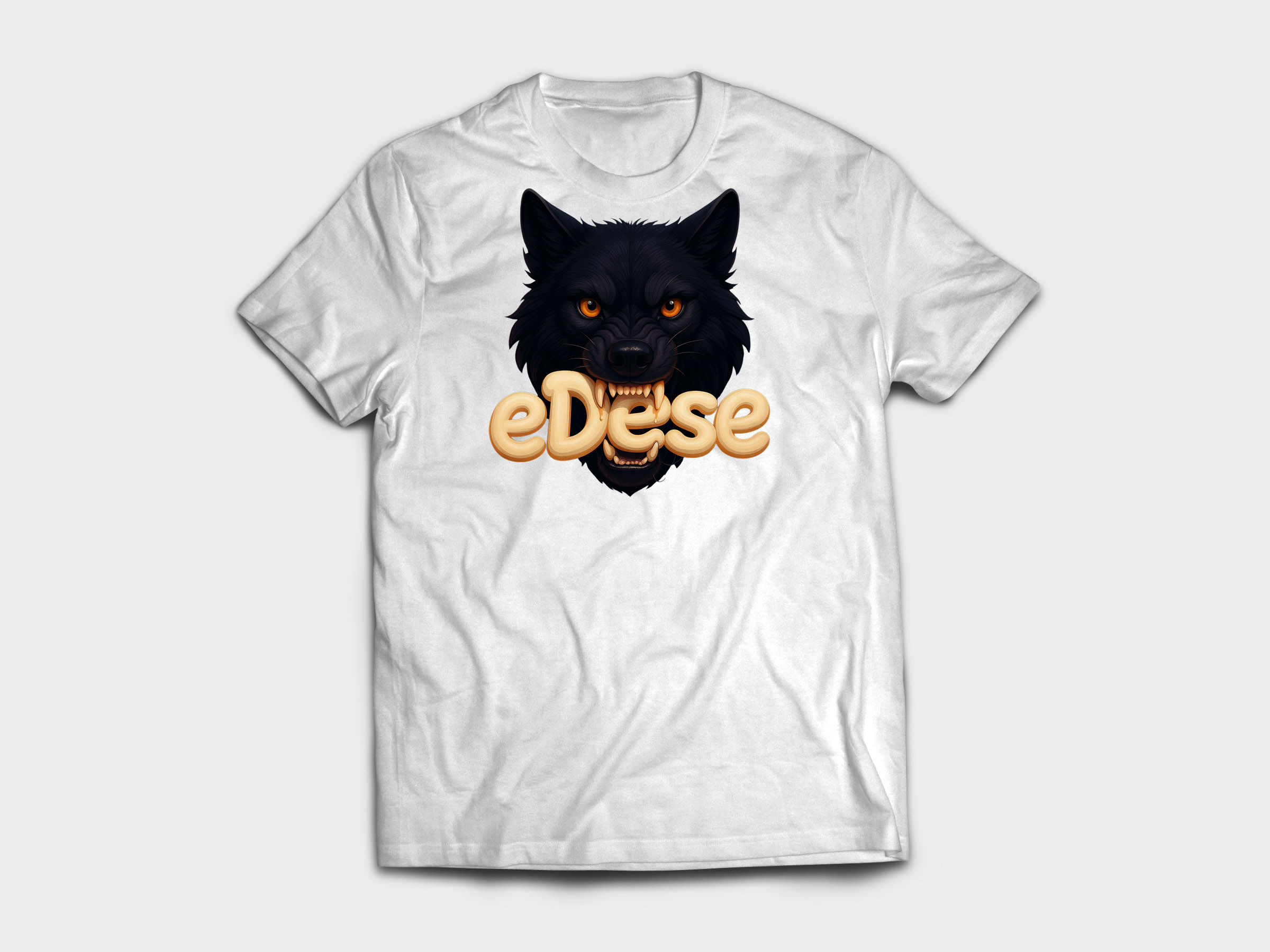 Alt text: “Front view of premium white T-shirt with A4 black wolf biting e’Dese logo sublimated on cotton-feel polyester”