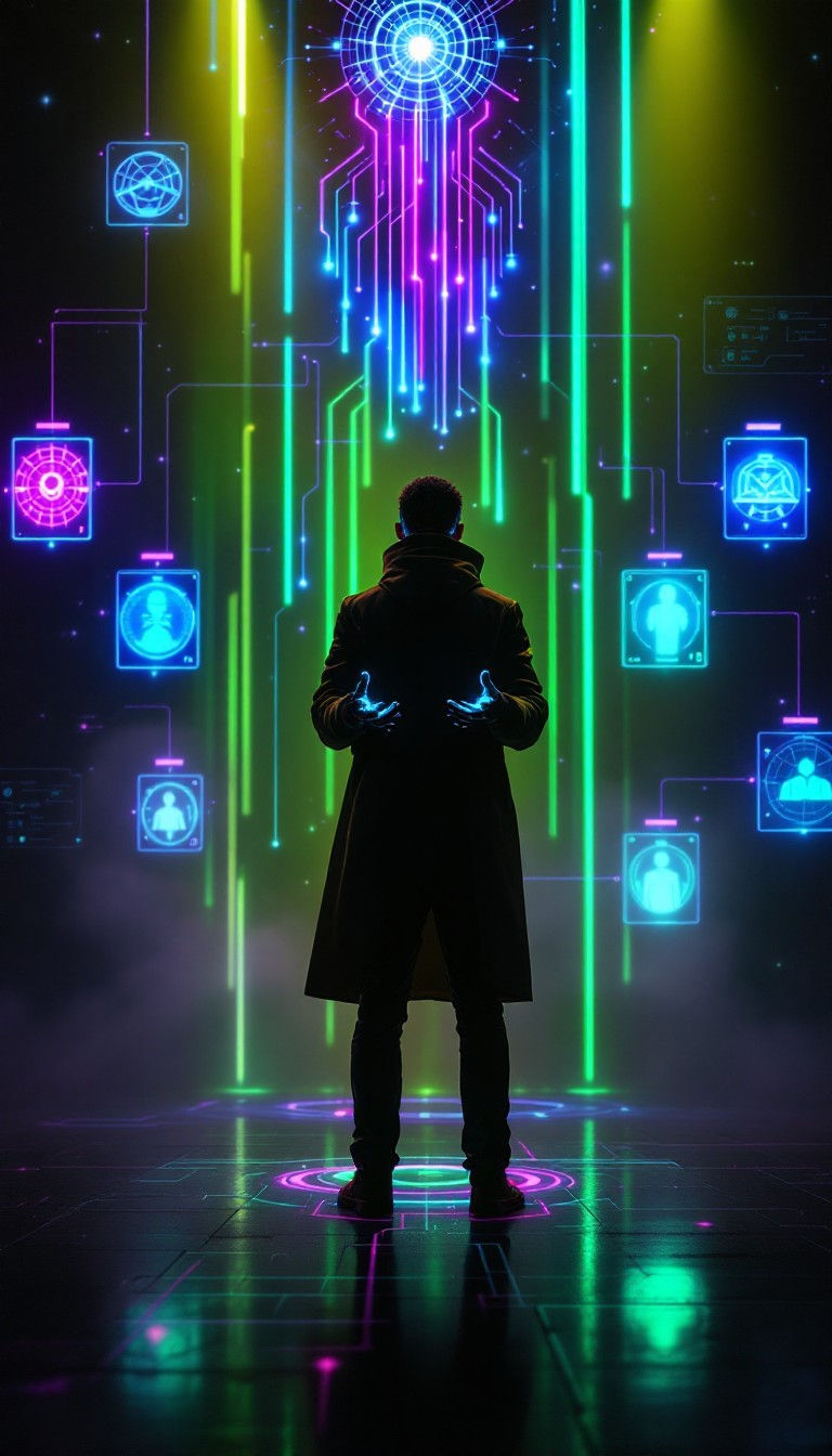 A person stands facing a futuristic digital screen with glowing neon patterns and symbols. The scene has a sci-fi, high-tech atmosphere.