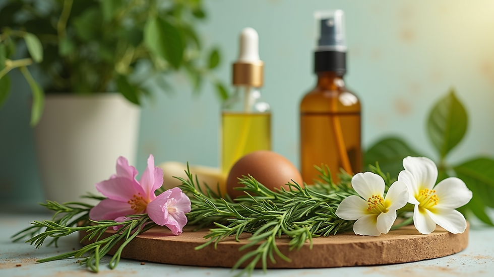 Eye-level view of fresh herbs and flowers used in skincare