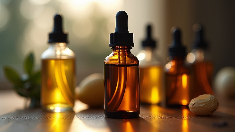 Close-up view of a variety of natural beard oils in glass bottles
