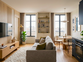 a small living room with a sofa, kitchen area and diing room