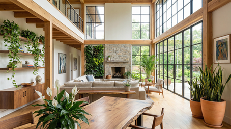 A opne space with plants, sofa, large windows and wooden elements