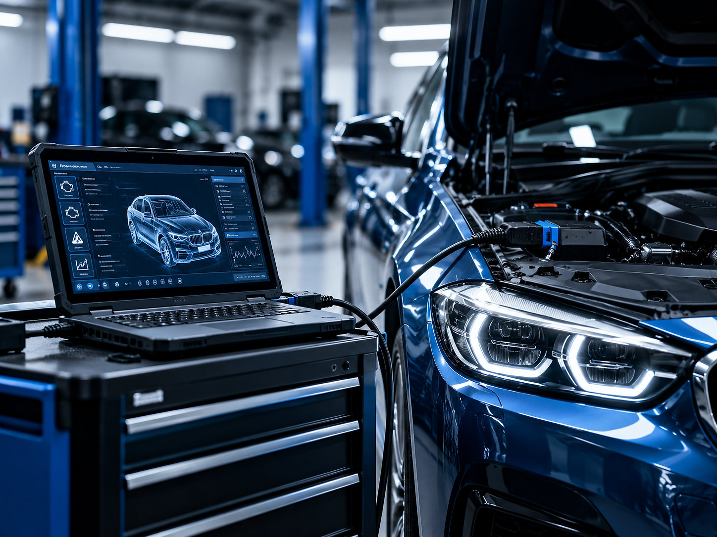 Diagnostic laptop connected to a car in the workshop