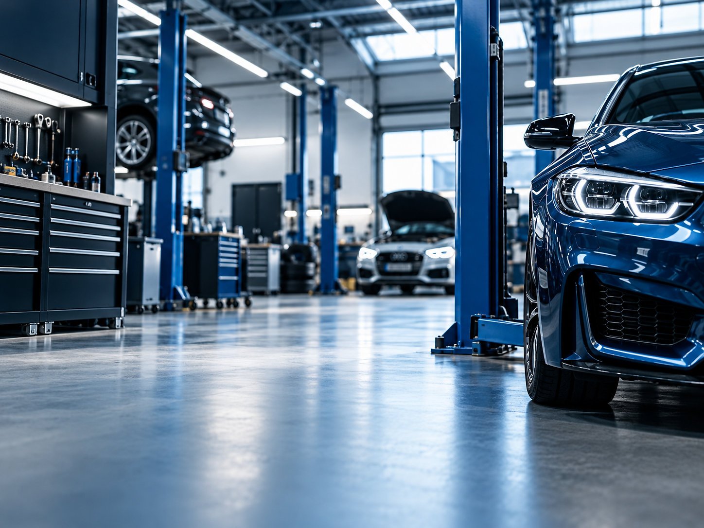Inside the workshop with cars on ramps