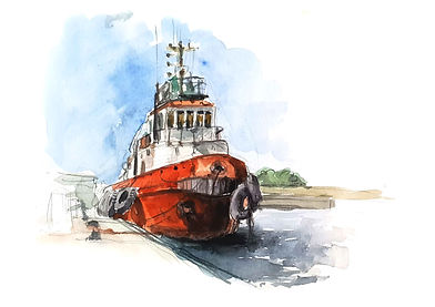 Dans le port de Bizerte, aquarelle sur papier, réalisée par Axel Champloy pour son carnet de voyage Couleurs de Méditerranée lors de son voyage à la voile en Tunisie en 2020.