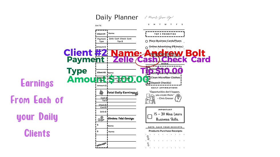 Daily planner with text overlay: Client #2 payment details; $100.00 earnings. Includes tasks, affirmations, and skills section. White background.
