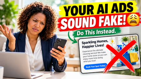 A cleaner in front of her laptop, looking confused for she don't know how to let AI help Her Advertise Her House Cleaning Business. AI gives her generic ads and list things she don't offer.