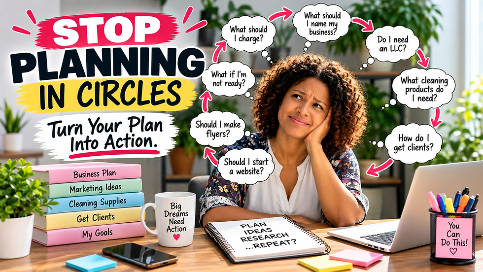 A cleaner looking confused not knowing how to create a house cleaning business plan