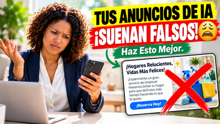Una limpiadora frente a su computadora portátil, con cara de confusión porque no sabe cómo dejar que la IA la ayude a anunciar su negocio de limpieza de casas. La IA le da anuncios genéricos y menciona servicios que ella ni siquiera ofrece.