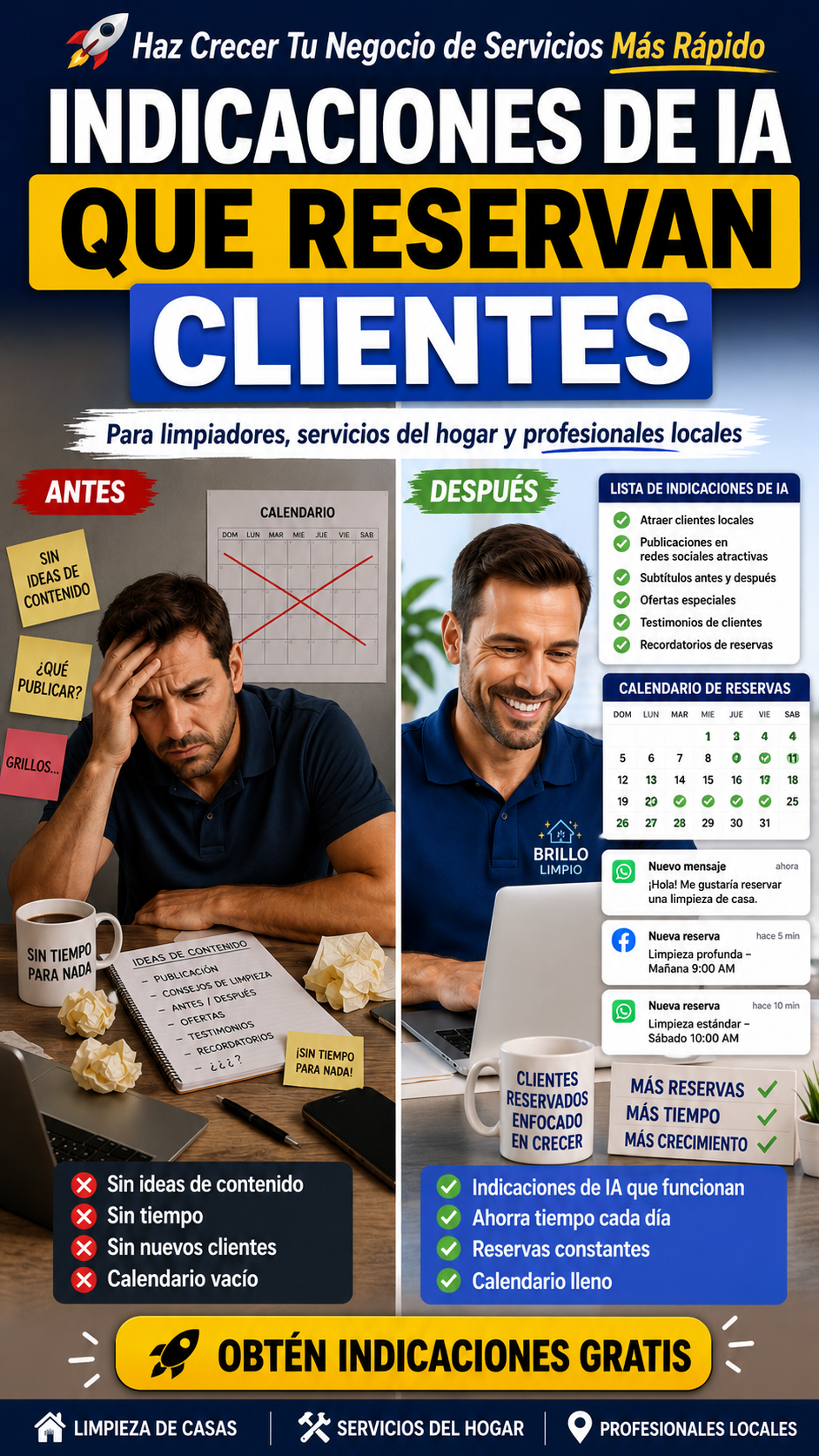 Póster promocional en español con antes y después de una dueña de negocio de servicio, consejos de IA, alertas de reservas y texto en negrita: INDICACIONES DE IA QUE RESERVAN CLIENTES.