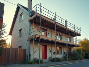 House under renovation with scaffolding on the exterior, sunset lighting. A car is parked nearby, and a person walks by the street. Home addition in northern utah, salt to summit construction & Renovation